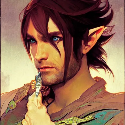 Image similar to Stunning portrait of Link from the Legend of the Zelda. Art by Greg Rutkowski and Alphonse Mucha