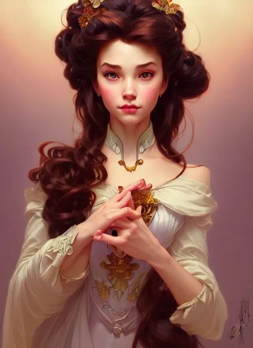 Image similar to portrait of disney belle, intricate, elegant, highly detailed, my rendition, digital painting, artstation, concept art, smooth, sharp focus, illustration, art by artgerm and greg rutkowski and alphonse mucha and uang guangjian and gil elvgren and sachin teng, symmetry!!