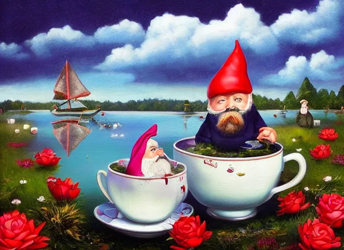 Image similar to a garden gnome sailing in a teacup, whimsical background of a reflective pond on a sunny day with dramatic clouds, an ultrafine detailed painting by mark ryden, trending on deviantart, pop surrealism, whimsical, lowbrow, joyous, perfect cute face