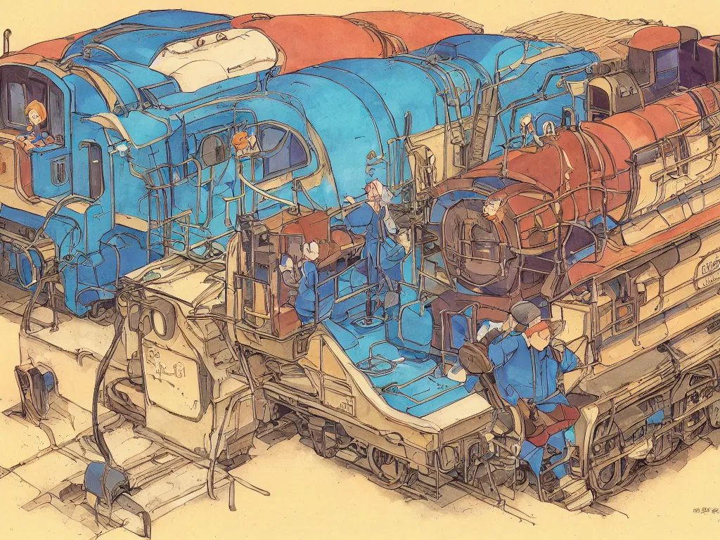 Image similar to cross - section close - up sideview of a anime train, autumn light, colorful, nausicaa of the valley of the wind, beautiful, by studio ghibli, digital art, concept art, manga, cute and adorable, illustration