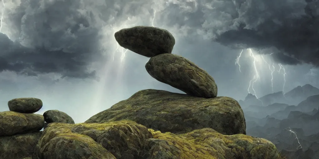 Image similar to photorealistic epic landscape with magically floating rocks, with ominous storm clouds by alphonse mucha and maxfield parrish. strange levitating stones, stones falling from the sky, swirls of mist. occult photorealism, uhd, amazing depth, glowing, volumetric lighting, cinematic lighting.