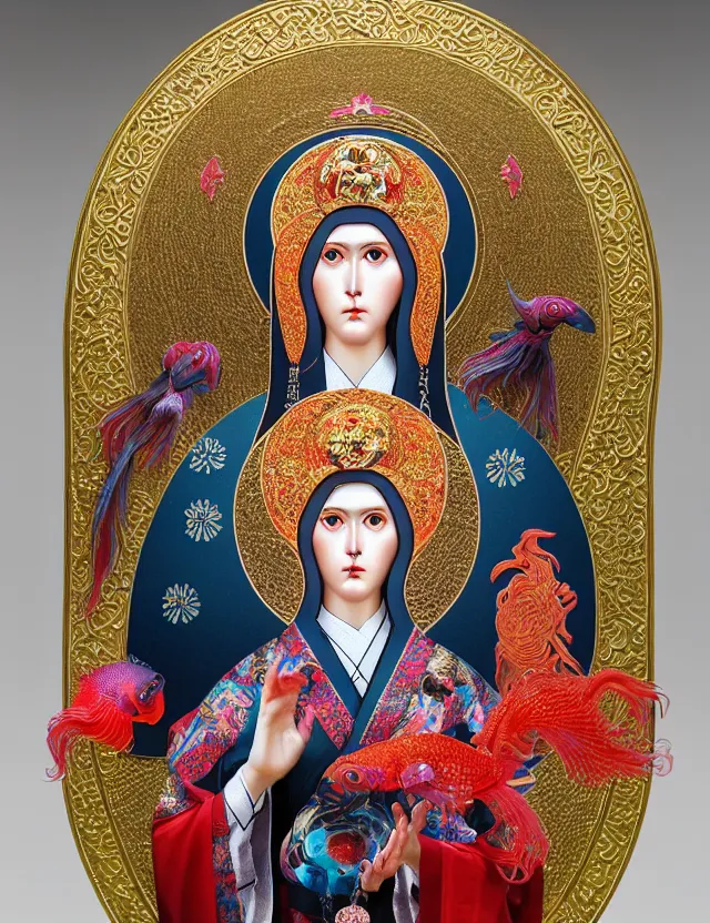 Image similar to 3 d goddess close - up profile portrait russian orthodox icon with ram skull. beautiful intricately detailed japanese crow kitsune mask and clasical japanese kimono. betta fish, jellyfish phoenix, bio luminescent, plasma, ice, water, wind, creature, artwork by tooth wu and wlop and beeple and greg rutkowski