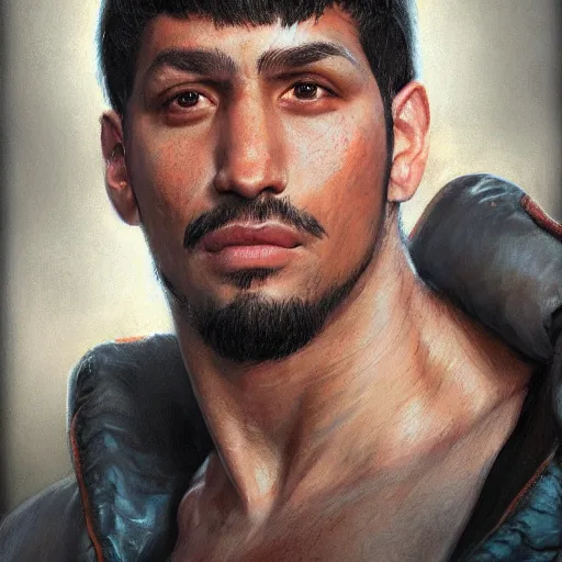 Prompt: the young latino guy as a realistic wrestling character, closeup portrait art by donato giancola and greg rutkowski, realistic face, digital art, trending on artstation