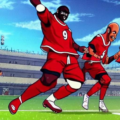 Prompt: a dark skinned football player with a black beard and bald in a red jersey with the number 9 celebrating a a goal, highly detailed, anime style, like it´s from captain tsubasa