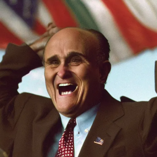 Prompt: color crt surveillence footage hyper detailed focused closeup fish eye lens photograph of Rudy Giuliani laughing hysterically tap dancing on top of the world trade center rubble pile smoking in ny on 9/11/01 september 11th