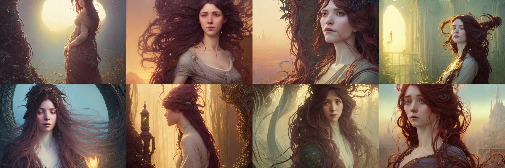 Image similar to highly detailed portrait of a woman with long hairs, stephen bliss, unreal engine, fantasy art by greg rutkowski, art nouveau, loish, rhads, ferdinand knab, makoto shinkai and lois van baarle, ilya kuvshinov, rossdraws, tom bagshaw, alphonse mucha, global illumination, radiant light, detailed and intricate environment