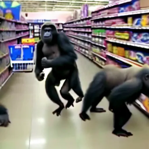 Image similar to cctv footage of a herd of gorillas raiding a walmart with people running away