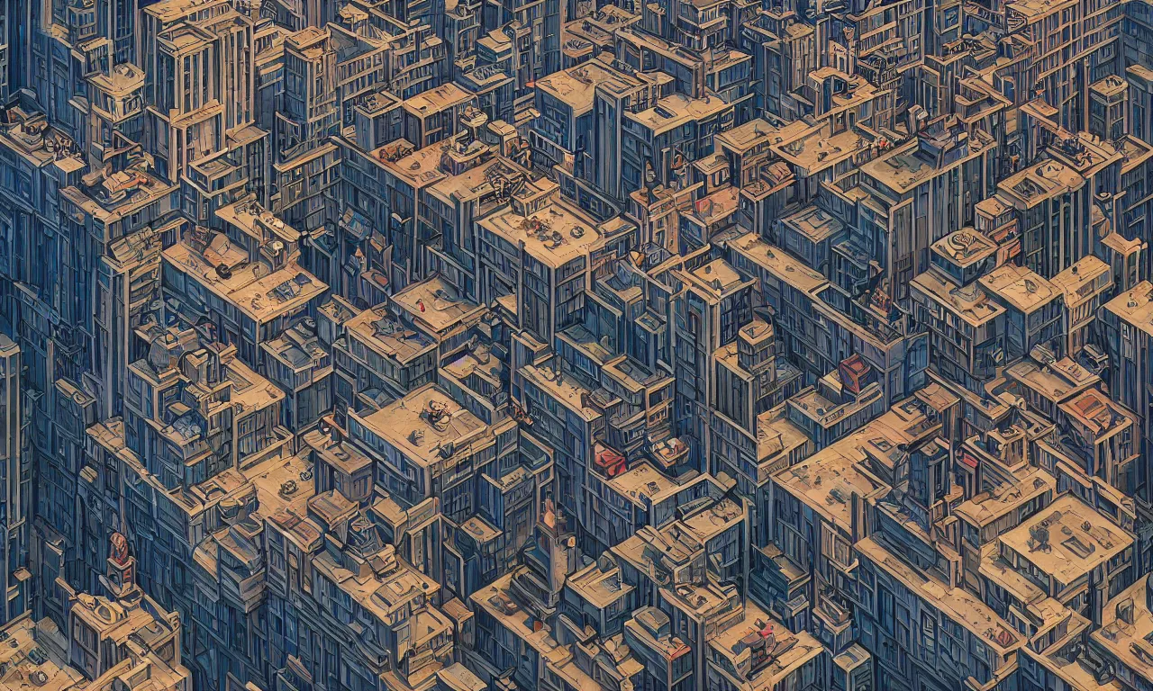 Image similar to A hyper real comic book style portait painting of downtown los angeles in the style of MC Escher, Maurits Cornelius Escher, unreal 5, hyperrealistic, octane render, cosplay, RPG portrait, dynamic lighting