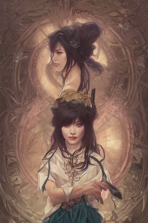 Image similar to Momoko Gumi Company (BiSH) portrait, D&D, MtG art,fantasy, intricate, elegant, highly detailed, digital painting, artstation, concept art, smooth, sharp focus, hyperrealistic,illustration, art by artgerm and greg rutkowski and alphonse mucha