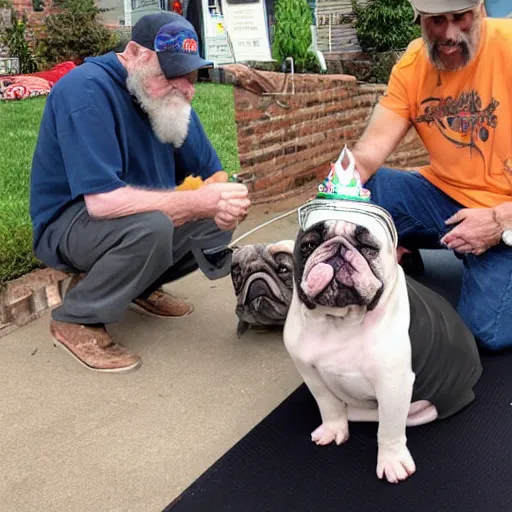 Prompt: Buddy the graying middle aged homeless man playing xbox and petting King Chales the english bulldog wearing a crown, dog wearing a crown