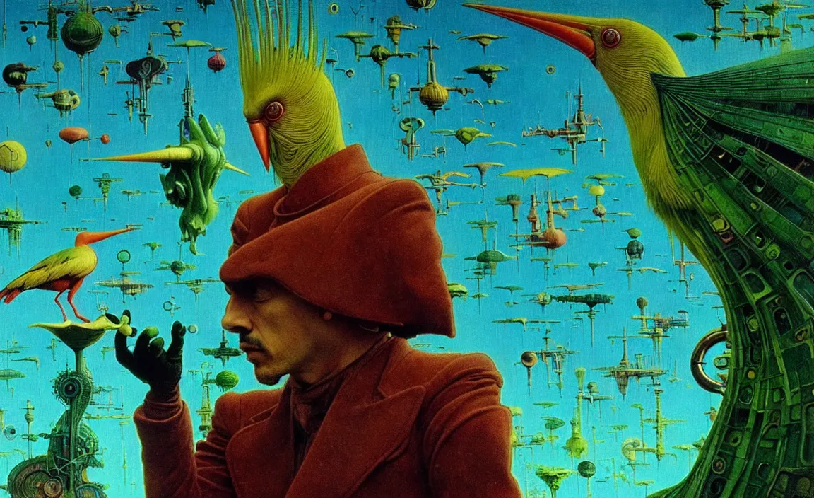 Prompt: realistic detailed portrait movie shot of a birdman wearing green leather coat, sci fi city landscape background by denis villeneuve, amano, yves tanguy, alphonse mucha, ernst haeckel, max ernst, roger dean, masterpiece, rich moody colours, blue eyes, occult