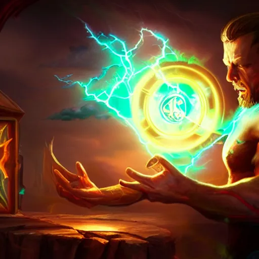 Image similar to tattooed gym bro mage in a lightning storm magic spell vfx, diagonal spell vfx, hearthstone colour style, fantasy game spell icon, fantasy epic digital art, by greg rutkowski