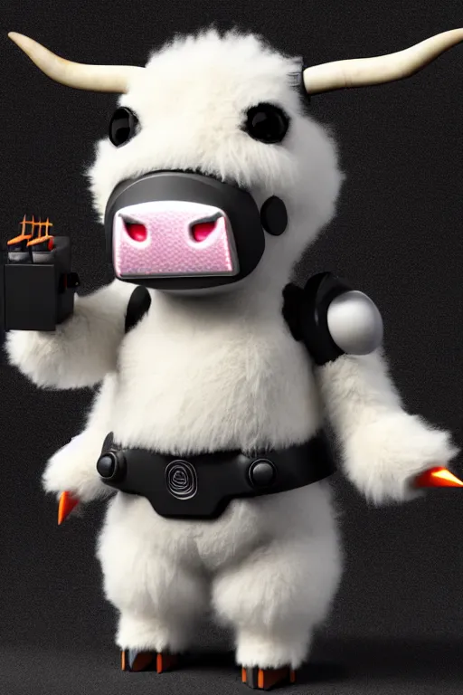 Image similar to high quality 3 d render very cute fluffy! cyborg cow! plays guitar, cyberpunk highly detailed, unreal engine cinematic smooth, in the style of blade runner & detective pikachu, hannah yata charlie immer, moody light, low angle, uhd 8 k, sharp focus