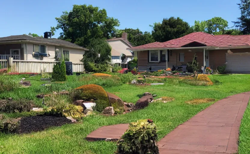 Prompt: suburban house and yard with small volcano erupting in the yard