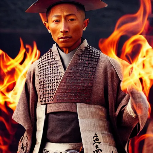 Image similar to cinematic film still Pharrell Williams starring as a Samurai with fire, Japanese CGI, VFX, 2003, 40mm lens, shallow depth of field,film photography