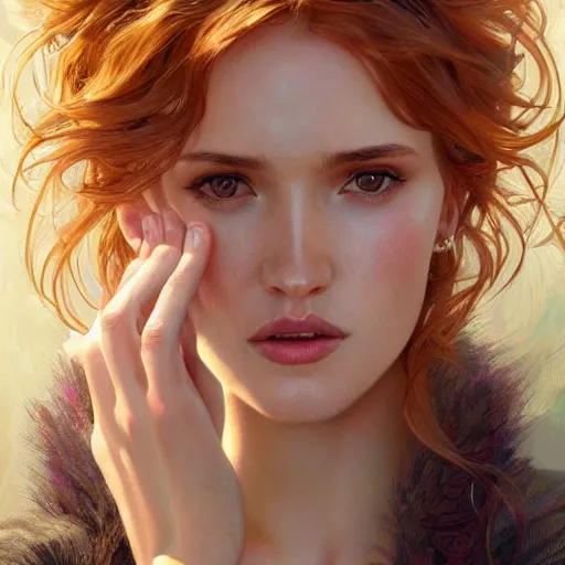 Image similar to ultra realistic illustration, bella thorne as thirty year old lady, intricate, elegant, highly detailed, digital painting, artstation, concept art, smooth, sharp focus, illustration, art by artgerm and greg rutkowski and alphonse mucha