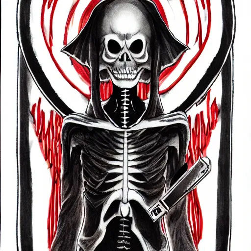 Image similar to A anime still of a grim reaper by Takeshi Obata, skeleton face symmetrical face,symmetrical body, worn clothes, military boots,colors red and black and white, pencil art on paper