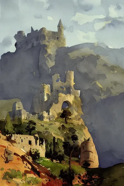 Image similar to california style watercolor painting of castle ruins on hilltop, stone walls, illuminated, very beautiful ambient lighting, sun rays, dust, art by john singer sargent, by anders zorn and winslow homer, wonderful masterpiece by greg rutkowski, cinematic light, american romanticism by greg manchess, creation by tyler edlin