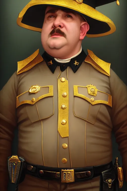 Prompt: a shifty fat high elf mall cop with a sheriff's badge with pointy elf ears, Oil Painting, hyperrealistic, octane render, Detailed Digital Art, RPG portrait, 3/4 bust, William-Adolphe Bouguereau, Michael Cheval, dynamic lighting, Highly Detailed, Cinematic Lighting, 8k, HD