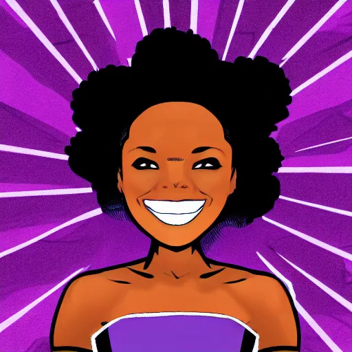 Prompt: comic book black girl superhero, wearing purple colors, has blonde hair, from Brooklyn