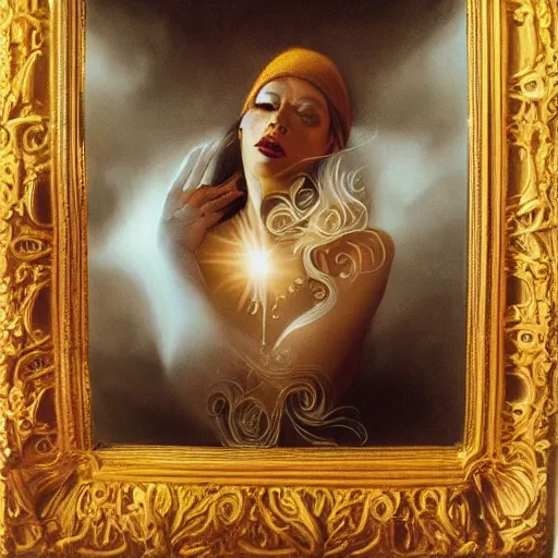 Prompt: spellbinding witch spectacular beauty, ghastly reflection in the mirror, intricate detail, fineline detail painting of portrait, intense sense of awe, 8k high octane rendering, golden ratio