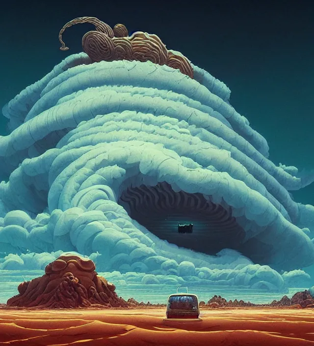 Image similar to a giant 🌊 swirling in the sky above a barren 🏜 by ivan shishkin and zacharias aagaard and simon stalenhag and dan mumford and josan gonzalez, surrealism, chiaroscuro, hyper detailed, high saturation, retrowave