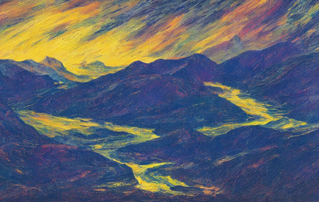 Prompt: Realist colorful impasto painting of the Salmon River mountain valley at midnight by John Harris, stars in the inky black sky reflect on the darkest blue river surface, 4k scan, very beautiful, oil on canvas, visible diagonal brushstrokes