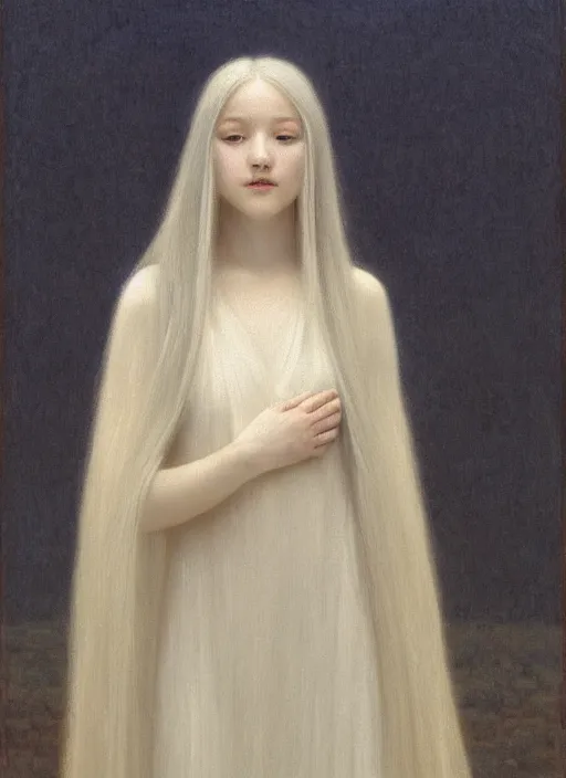 Image similar to thin young beautiful girl with silver hair, pale!, wearing white robes!, wearing hair, golden goddess, young cute wan korean face, silver hair!!, oil on canvas, style of jean delville, 4 k resolution, aesthetic!,