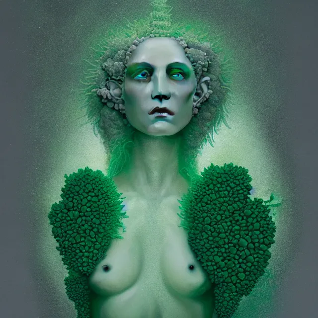Prompt: a striking! render of ethereal beings made of gauze, emerald, and smoky gray quartz, new age artwork, octane, houdini, 8 k, cgsociety, intricately detailed, wyrd, eerie, liminal, romanesque broccoli, oil painting, strong brushwork