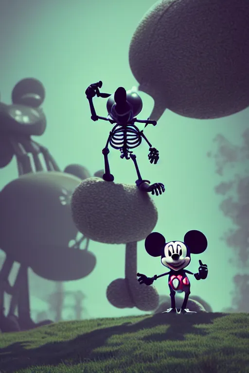 Prompt: a skeletal, botanical mickey mouse taking a giant robot for a walk by beeple, highly detailed, rendered in octane