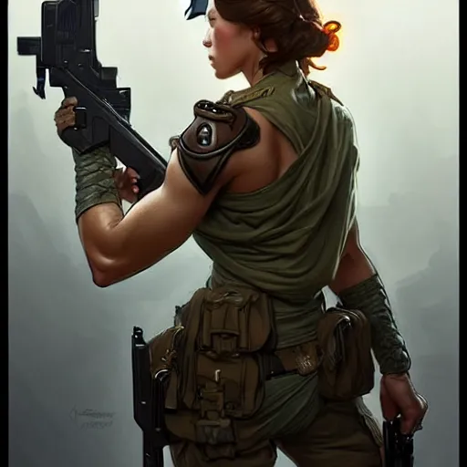 Image similar to hot female soldier carrying a gun, muscular upper body, D&D, fantasy, intricate, elegant, highly detailed, digital painting, artstation, concept art, smooth, sharp focus, illustration, art by artgerm and greg rutkowski and alphonse mucha