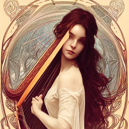 Image similar to a strange harp, d & d, fantasy, intricate, elegant, highly detailed, digital painting, artstation, concept art, smooth, sharp focus, illustration, art by artgerm and greg rutkowski and alphonse mucha