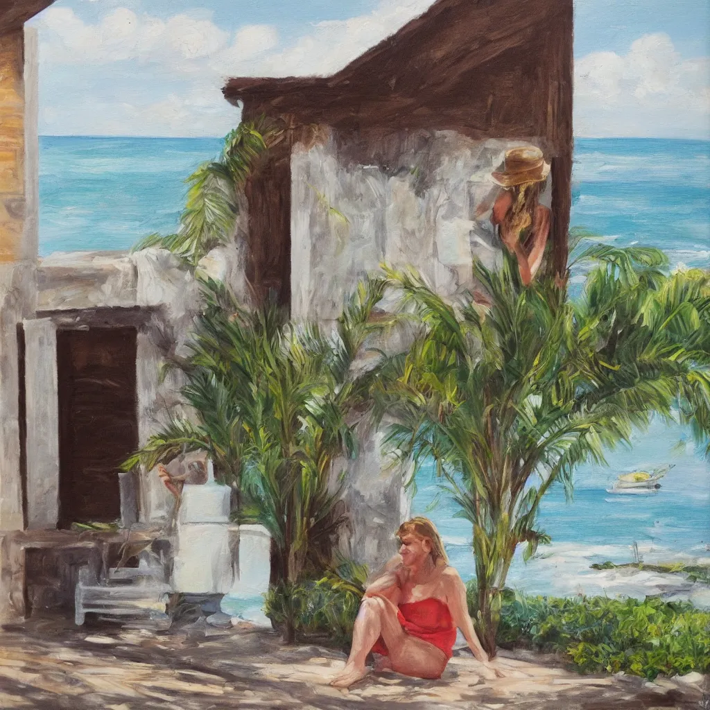 Prompt: a beautiful woman with freckles sitting on the porch of a one-story house in the caribbean watching the sea, realistic, oil on canvas