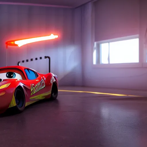 Image similar to lightning mcqueen ray - tracing render, unreal engine, 3 d, atmospheric light, godrays, award - winning, maya, blender