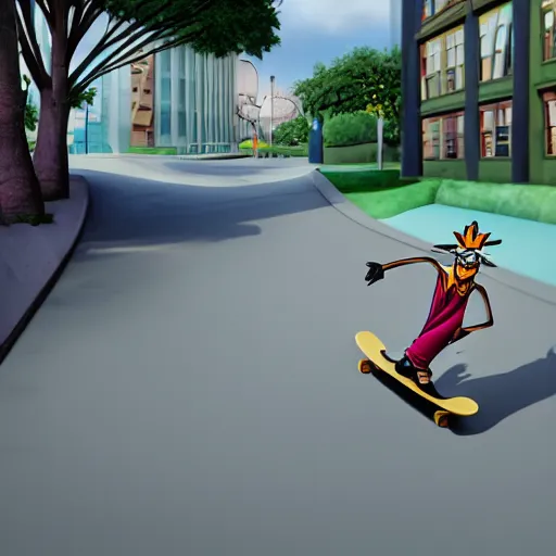 Image similar to a cartoon character riding a skateboard down a street, a screenshot by Seuss Dr, polycount, hurufiyya, ps1 graphics, playstation 5 screenshot, xbox 360 graphics