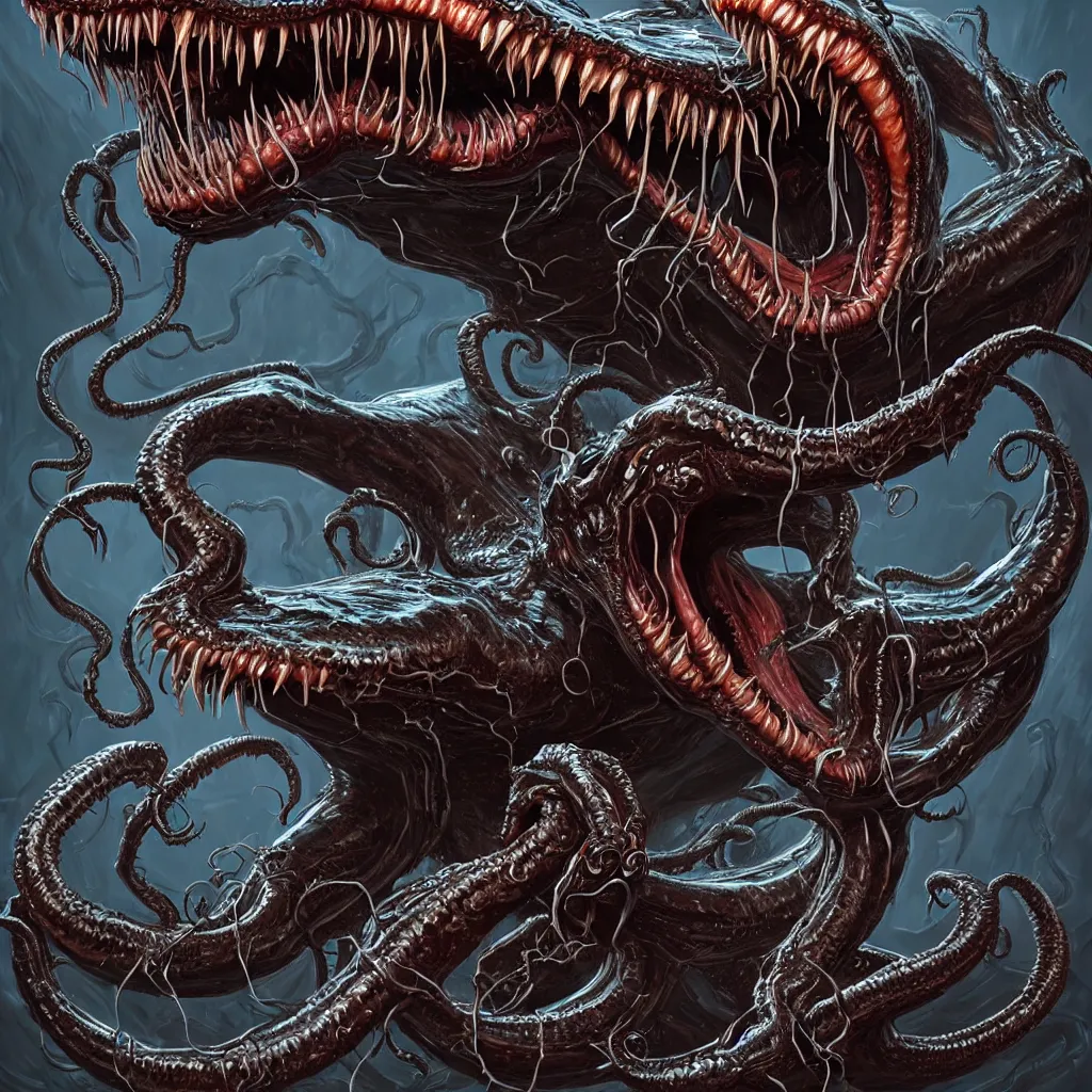 Image similar to venom, large mouth with teeth!!!!, elongated arms, short legs, lovecraftian horror!, surrealism, fantasy, intricate, elegant, highly detailed, digital painting, artstation, concept art, matte, sharp focus, illustration, art by keith thompson and christopher lane