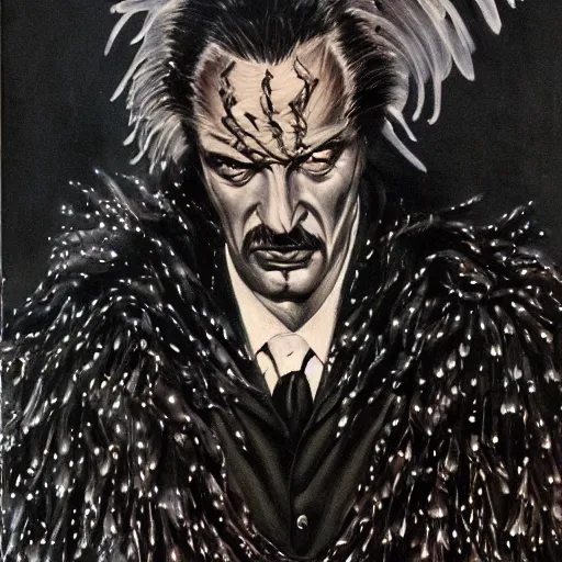 Prompt: vincent price as billionaire howard hughes in long black feathered cloak, black hands tipped with black claws, feathers growing out of skin, at opulent desk, vivid, mike mignogna, illustration, highly detailed, rough paper, dark, oil painting