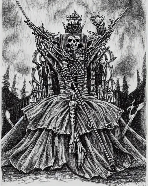 Prompt: pen and ink drawing of a skeleton king sitting atop a throne, by steve jackson and ian livingstone, highly detailed