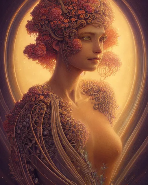 Prompt: centered beautiful detailed front view portrait of a woman with ornate growing around, ornamentation, flowers, elegant, beautifully soft lit, golden ratio, full frame, by wayne barlowe, peter mohrbacher, kelly mckernan,