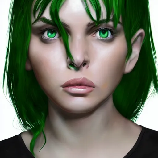 Prompt: artstation young woman with green eyes and pigtails her head in fury, very detailed, , portrait, high contrast