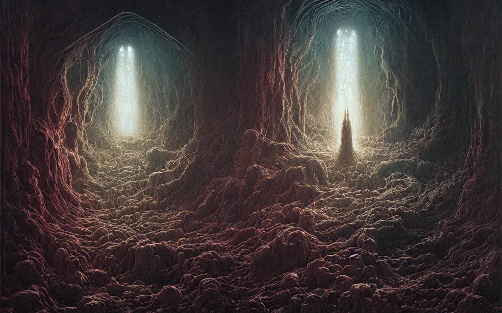 Prompt: the final realm, a portal to the underworld, mystic art, detailed painting by greg rutkowski and gustave dore and zdzisław beksinski, intricate detail