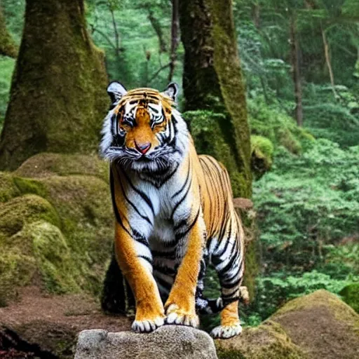 Prompt: photo of tiger wearing a bandana and holding a sword in jungle