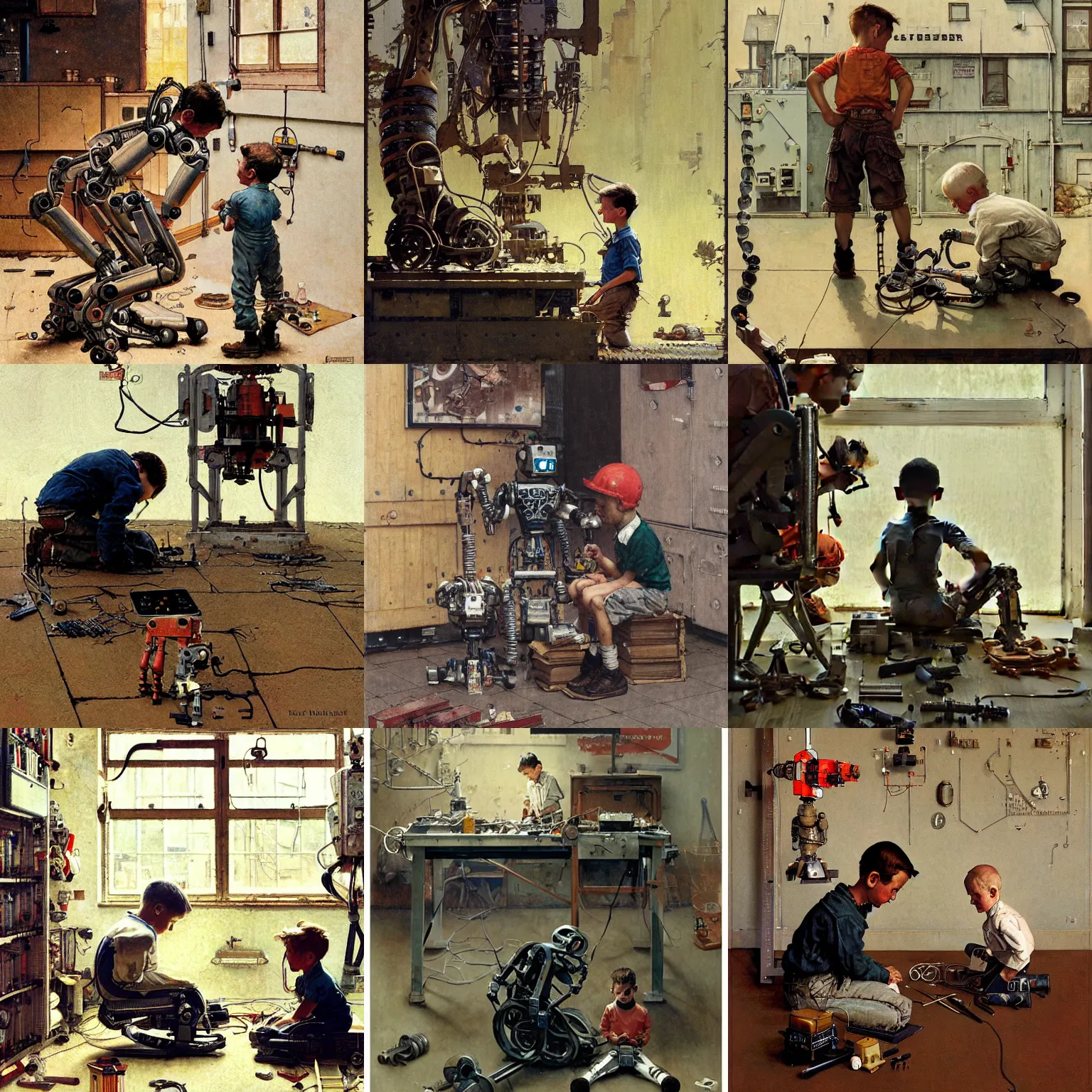 Prompt: a boy fixing his robot, part by Norman Rockwell, part by Greg Rutkowski , part by Mattias Adolfsson, oil on canvas