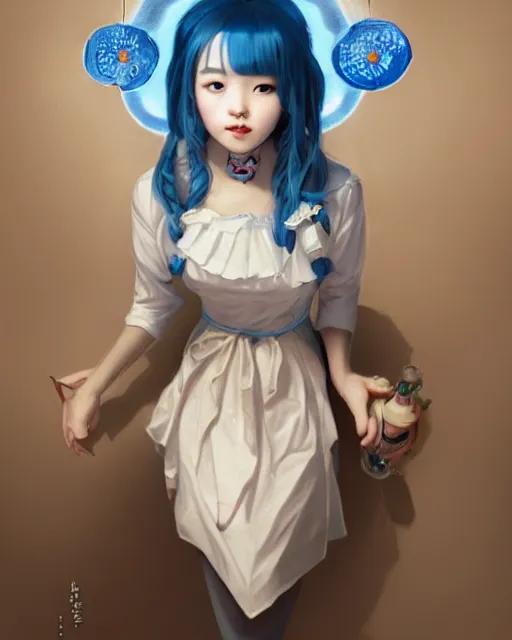 Image similar to symmetrical portrait of a pretty korean girl with blue hair dressed as a french maid digital painting, 8 k, concept art, art by wlop, artgerm, greg rutkowski and alphonse mucha