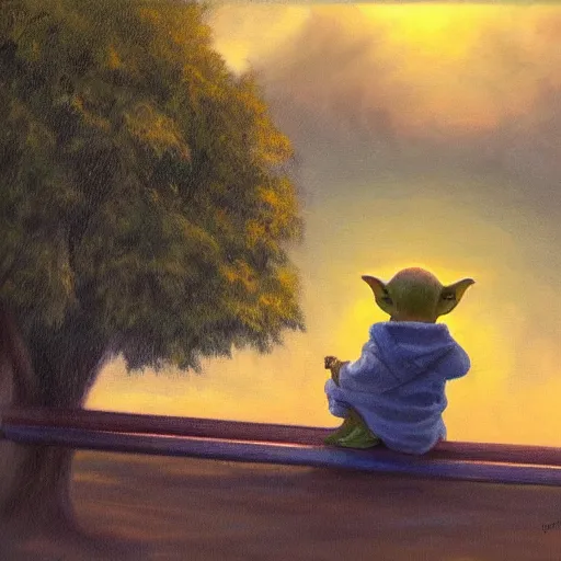 Image similar to eye - level view, shot from 5 0 feet distance, baby yoda plays on a seesaw at the city park. a balloon vender in the background. dramatic clouds, setting sun. golden hour, oil on canvas painting, detailed, depth, volume, chiaroscuro, quiet intensity, serene.