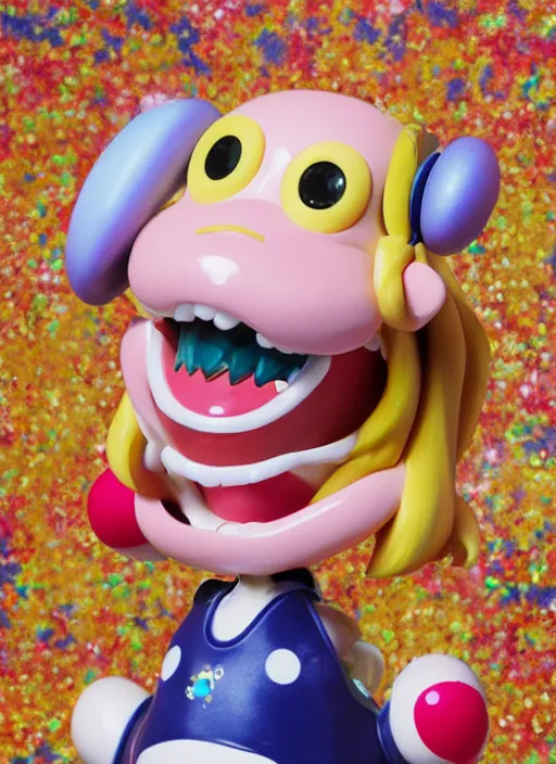 Prompt: a hyperrealistic lowbrow oil panting of a looney kawaii vocaloid figurine caricature with a big dumb goofy grin and pretty sparkling anime eyes featured on Wallace and Gromit by arthur szyk