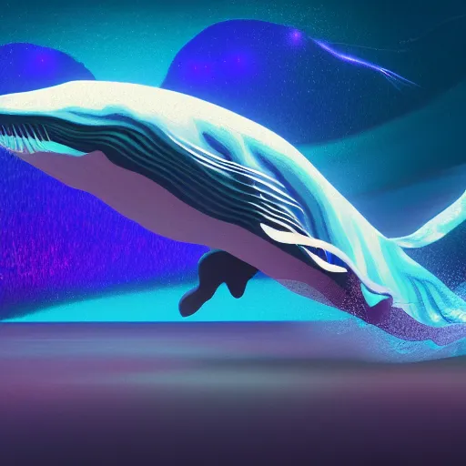 Prompt: digital painting of a fictional whale that has tiny multiple holographic butterfly wing on its back, fully detailed, 4 k, octane render quality, real footage, psychedelics