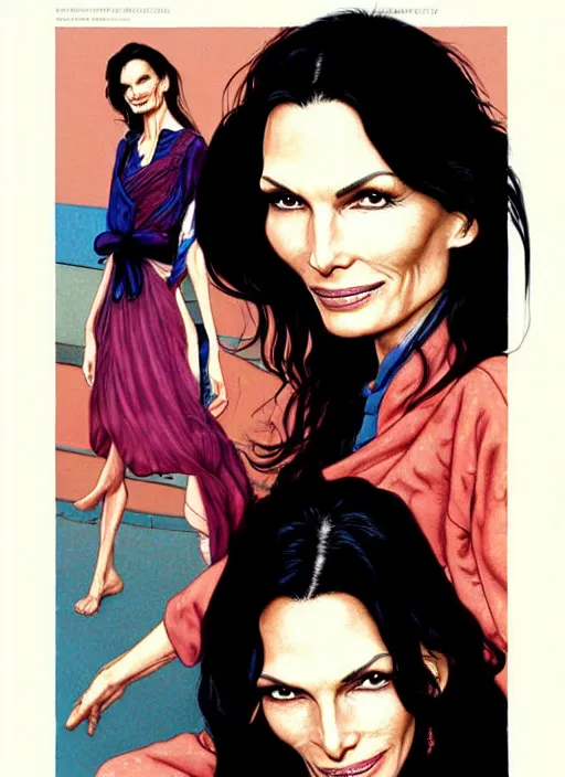 Prompt: a richly detailed color  illustration beautifully depicting Famke Janssen as she appeared in the late 80s looking beautifully with soft facial structure, smooth soft skin, and wearing at-home clothes gracefully, classy masterfully painted on glass by Akira Toriyama and Mina Petrovic, Range Murata, Katsuhiro Otomo, Yoshitaka Amano, and Artgerm. 3D shadowing effect, 8K resolution, 3D shadowing effect, ultra ornate detail, digital Provio .