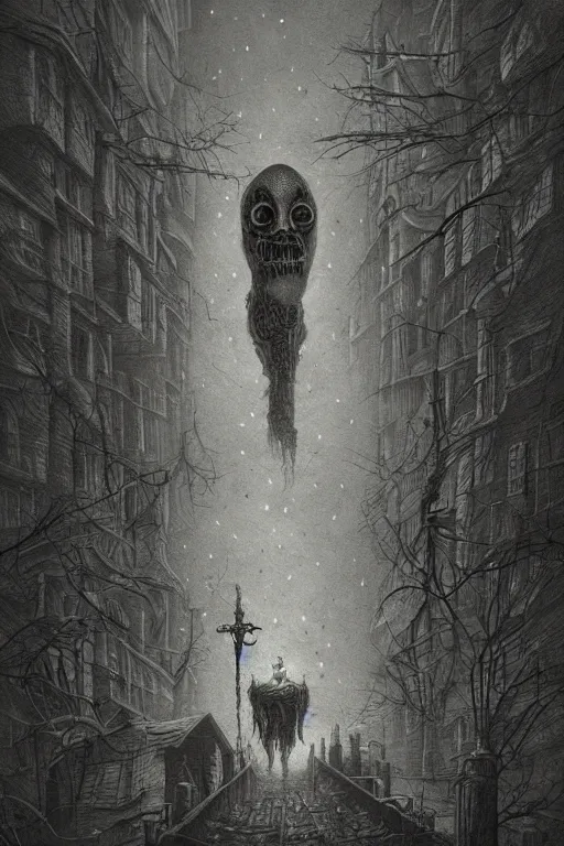 Prompt: a cosmic horror through a creepy city, by anton semenov and john kenn mortensen, digital art, very detailed, horror, dark, trending on artstation