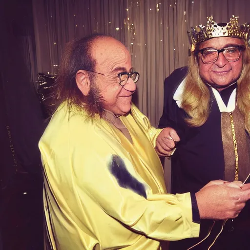 Prompt: attractive wearing a golden crown with shiny and silky long hair getting hair styled with danny devito illuminated by sparkling diamonds, polaroid